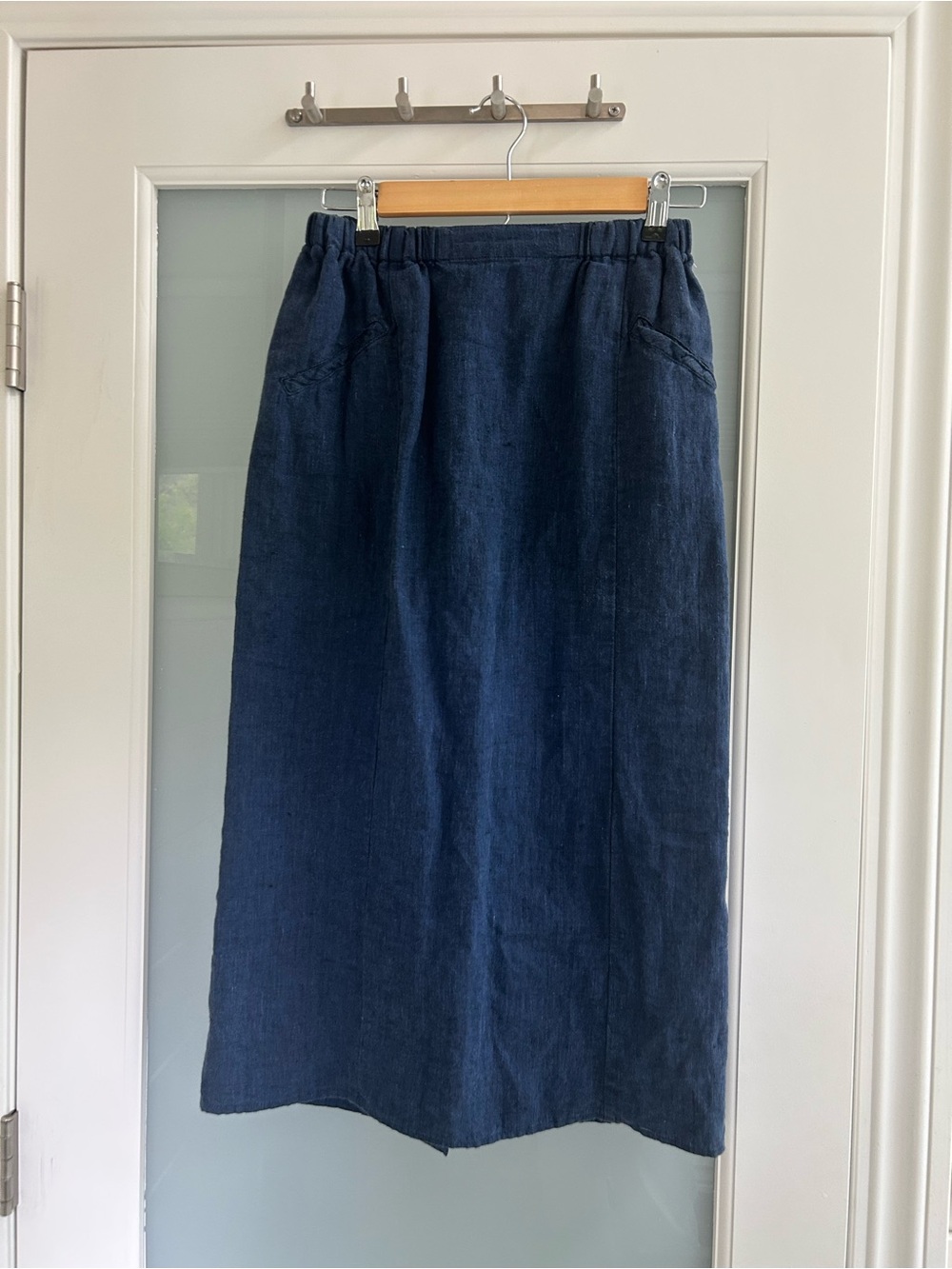 Flax Navy Linen Blend Midi Skirt with Elastic Waist